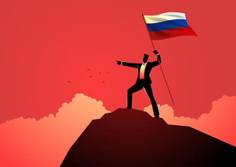 Man optimistically standing on top of a mountain holding the flag of Russia