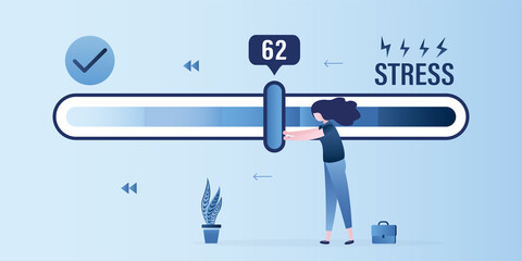 Relieve stress. Stressful woman pulls toggle on measuring scale. Stress levels are reduced through of problems solving. Girl tired of frustration. Mental health, concept banner. - obrazy, fototapety, plakaty