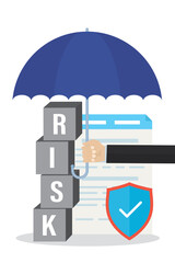 Risk management, full cover insurance. Hand holds big umbrella. Balanced pyramid of cubes with text - RISK. Assurance agreement and security shield. Risk protection, concept.