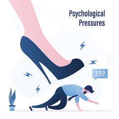 Woman exerts psychological pressure on an male employee or husband. Unhappy man crawls out from under high-heeled shoes. Mental problems, stress. Feminism, inequality. Gender gap.