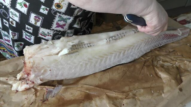 cook cleans raw cod fish with a knife 
