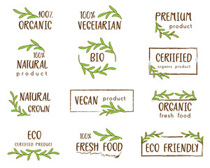 Set of organic and natural food stickers, badges, logo and icon for marketing material, product promotions and web design.