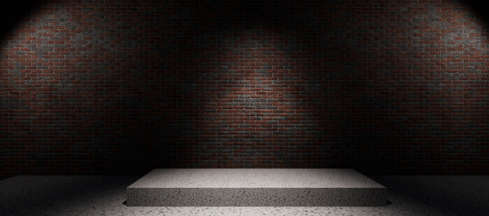 Red tumbled brick flooring for interior decoration used as studio background wall to showcase your products. person in the dark, person in a room