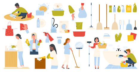 Cleaning service set with equipment and working people in apron and gloves. Cartoon collection for domestic housework, sponge and soap with detergent, maid tools isolated on white. Cleanliness concept