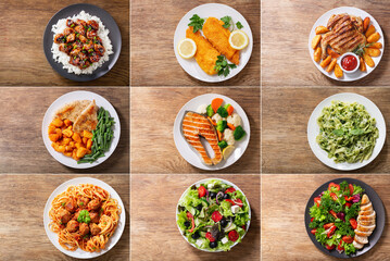 collage of various plates of food on wooden background