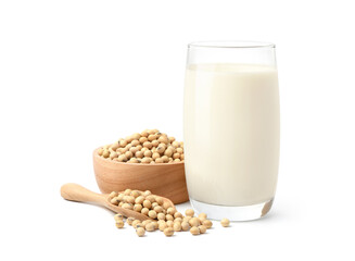 Soy milk with soybeans isolated on white background