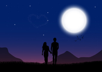 Obraz na płótnie Canvas silhouette image A couple man and women standing on grass and look Moon in the sky at night time design vector illustration