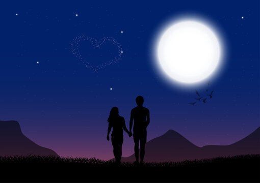 silhouette image A couple man and women standing on grass and look  Moon in the sky at night time design vector illustration