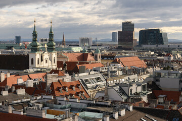 Fototapeta premium Aerial view of Vienna from North Tower of St. Stephen Cathedral or Stephansdom, main catholic church in Vienna, Austria