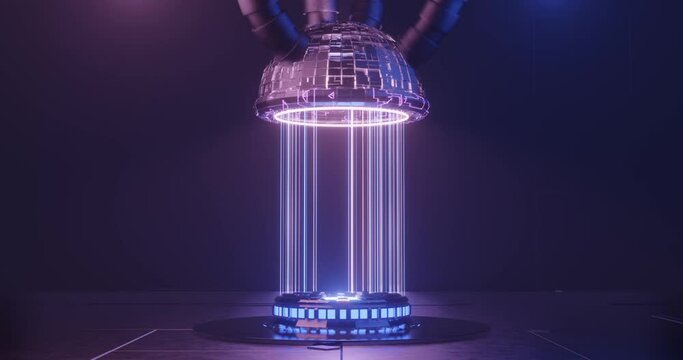 3d rendering sci-fi empty podium with blue and purple neon light for product display. Futuristic technology motion graphic.