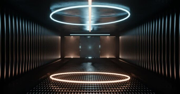 3d rendering metal sci fi corridor with rotating light blue and yellow neon ring. Concept futuristic motion graphic.