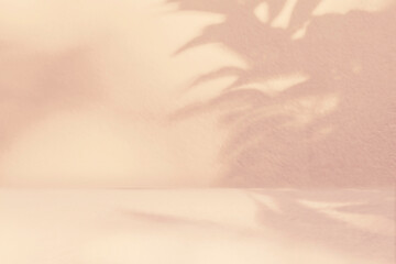 Shadow studio showcase on beige wall and floor for product presentation. Pastel shadows sunshine and sunbeam reflection on pastel empty luxury studio room