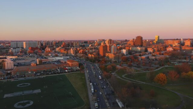 Sunset View of the Downtown Flushing Skyline in Queens, NY