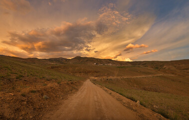 Colourful sunset sky outside kibber village,Spiti Valley, Himachal Pradesh, India