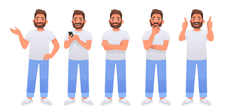 Happy bearded man character set dressed in white t shirt and jeans. Smiling guy points with hand, holds a smartphone in hands, thinks
