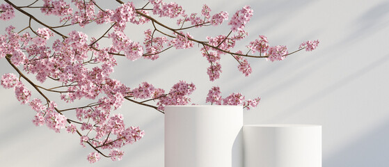japanese style sakura podium cosmetic background. for branding and product presentation.3d rendering illustration.