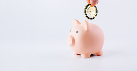 Save money business bitcoin. Pink pig bank with golden bit coin BTC on white background. Save cryptocurrency virtual money concept.