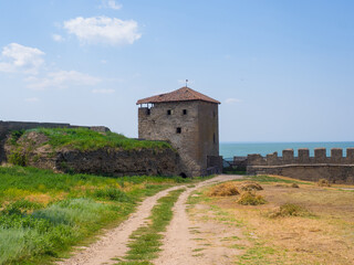 Belgorod Dniester fortress. The ruins of medieval Akkerman Fortress, Bilhorod Dnistrovskyi, Ukraine. Western tower of the castle has name Pushkin Tower.