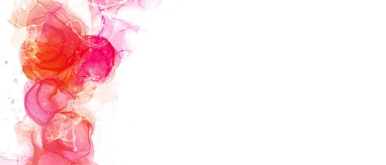 夏用のアルコールインクアート抽象背景横長テンプレート）ピンクとオレンジの波　マーブル　水彩　液体