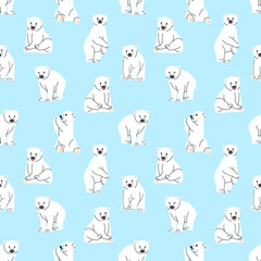 CUTE POLAR BEAR IN SOME DIFFERENT MOVES IN BLUE BACKGROUND FLAT PATTERN DESIGN.