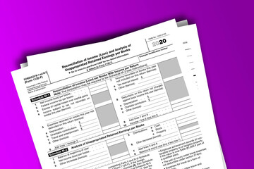 Fototapeta premium Form 1120-F Schedules M-1, M-2 documentation published IRS USA 11.18.2020. American tax document on colored