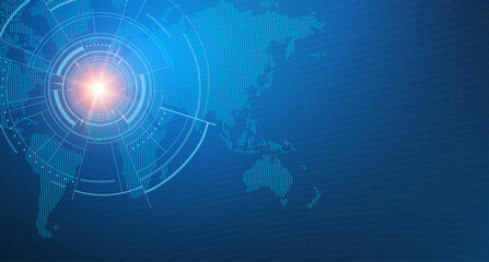 Interface design. Futuristic background with Earth planet, World map, techno screen elements and light effects.