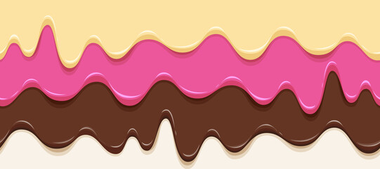 Horizontal banner with melting cream strawberry chocolate sauce. Seamless pattern border with donut glaze, caramel elements for desserts or cafeteria menu, shop or bakery. Vector isolated on white 