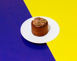 a cake on a white saucer on a colored background. holiday and party concept