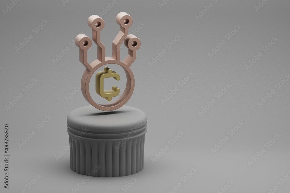 Poster Beautiful abstract illustrations  Blockchain Token symbol icons on a column stand and wonderful background. 3d rendering illustration. Background pattern for design..