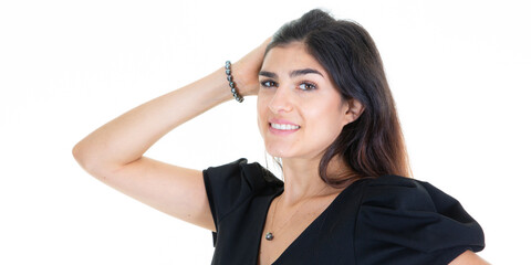 young woman posing fashion hand on hair on white background