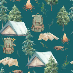 Summer camping seamless pattern. Hand painted tent, map, backpack and forest trees texture.