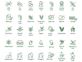 Fototapeta premium food quality icon set, GMO, nut-free, calories, lactose, 3,5 star, soy-free, gluten, sugar, egg-free, protein, GMP, bio, natural, clinically proven, organic, locally grown, carbohydrate, nutrition
