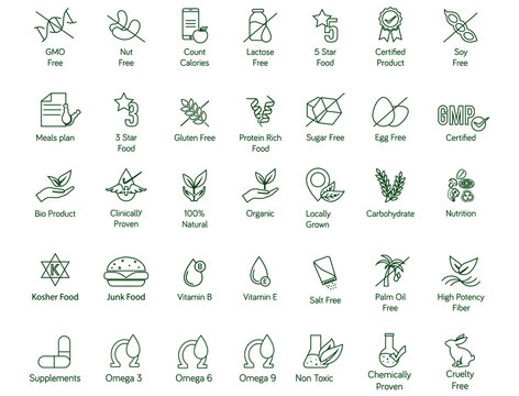 food quality icon set, GMO, nut-free, calories, lactose, 3,5 star, soy-free, gluten, sugar, egg-free, protein, GMP, bio, natural, clinically proven, organic, locally grown, carbohydrate, nutrition