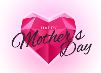 Happy mother's day with pink paper hearts symbol of love and text handwritten font on light pink background.