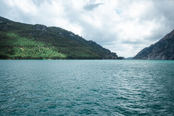Popular tourist attraction. beautiful nature view with fjord and mountains in the water. Artistic nature, copy space.