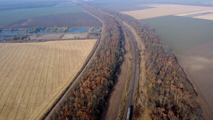 Panoramic View of Moving Freight Train Along Railway Tracks Among Trees Between Agricultural Fields...