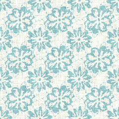 Aegean teal mottled flower linen texture background. Summer coastal living style 2 tone fabric effect. Sea green wash distressed grunge material. Decorative floral motif textile seamless pattern