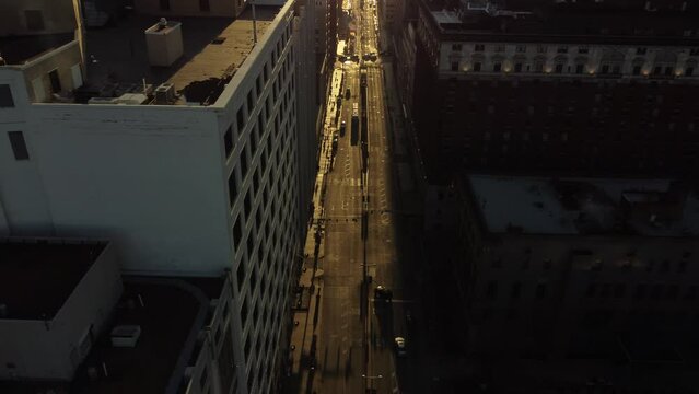 Busy downtown main street at sunset - Cleveland, Ohio