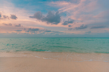 Colorful sky ocean beach sunrise with dramatic motivational mood. Tropical island seaside, coastal landscape, exotic beach shore, sea horizon. Inspire happy closeup of sand, beautiful summer travel
