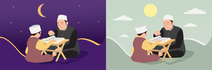 Vector illustration of learning the Koran between teachers and students at night and during the day in the holy month of Ramadan.