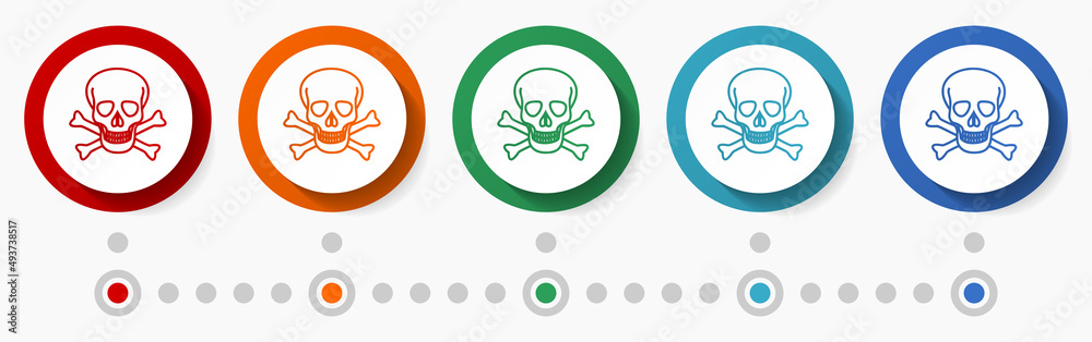 Poster skull, death concept vector icon set, flat design colorful buttons, infographic template in 5 color 