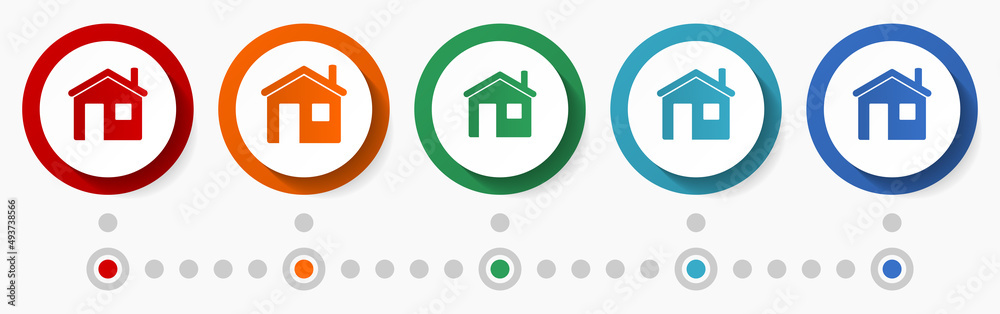 Poster house, home concept vector icon set, flat design colorful buttons, infographic template in 5 color o
