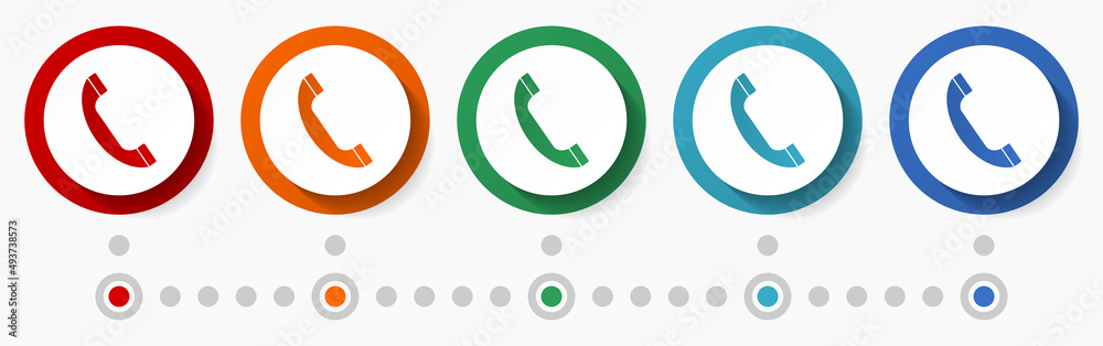 Poster phone, call, contact concept vector icon set, flat design colorful buttons, infographic template in 