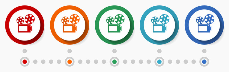 Video, cinema concept vector icon set, flat design colorful buttons, infographic template in 5 color options