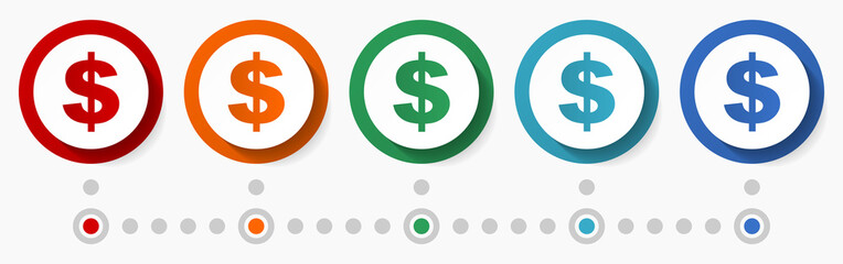 US dollar currency, business concept vector icon set, flat design colorful buttons, infographic template in 5 color options