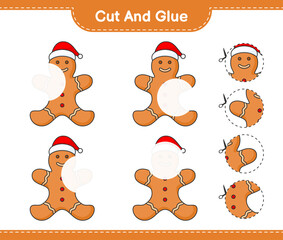 Cut and glue, cut parts of Gingerbread Man and glue them. Educational children game, printable worksheet, vector illustration