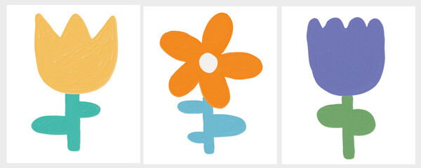Cute Vector Illustration with Simple Infantile Style Yelllow, Orange and Violet Flowers Isolated on a White Background. Oil Painting Style Print with Abstract Blooming Flower ideal for Wall Art, Card.