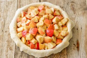 Raw Tart dough, shortcrust pastry with cutted apples, in ceramic tart pan. Baking an apple pie. Step by step recipe