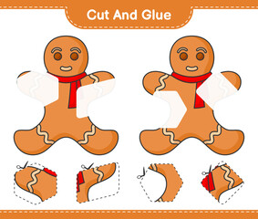 Cut and glue, cut parts of Gingerbread Man and glue them. Educational children game, printable worksheet, vector illustration