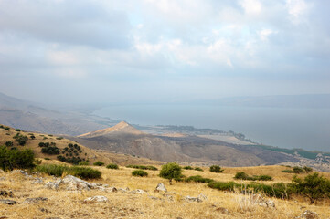 Shore of Lake Kinneret, the slopes of the Golan Heights in Israel